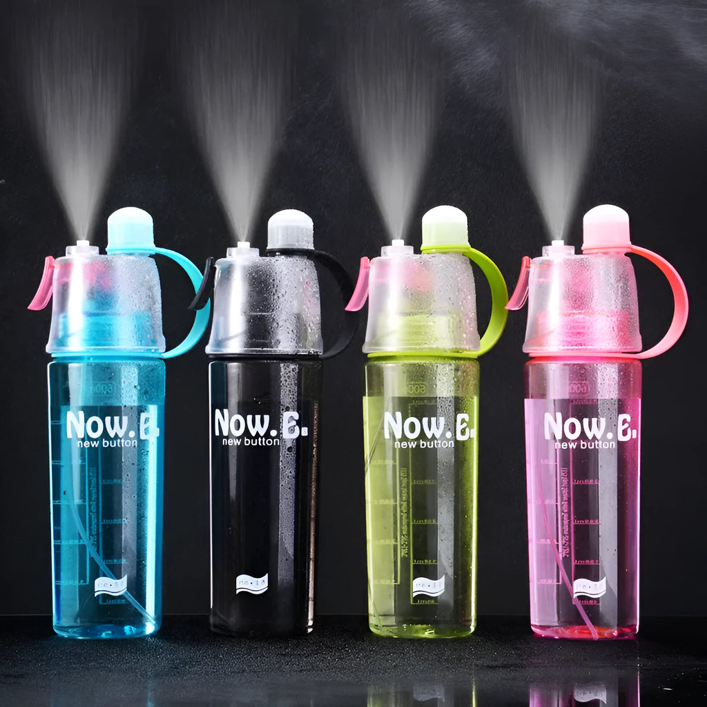 Portable outdoor sports mist spray cup with handle, transparent body showing scale markings, and spray mouth