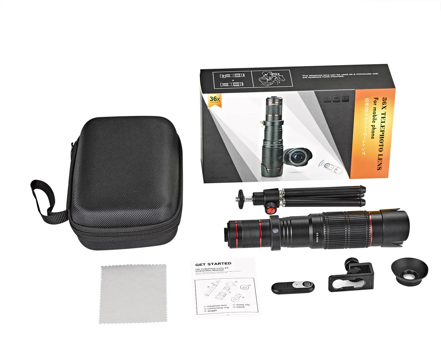 Black 36x telephoto mobile phone telescope attachment with compact design