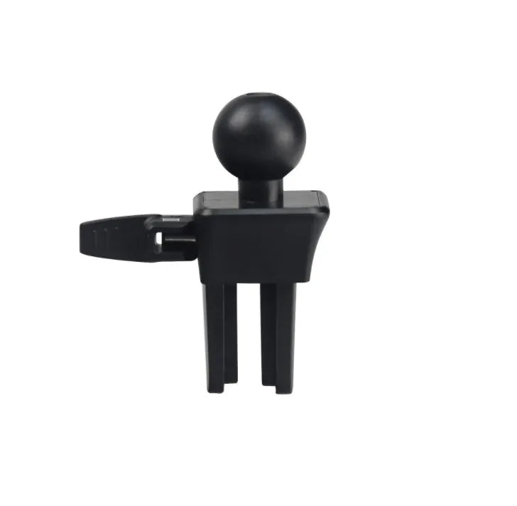 Black car phone holder clipped to air conditioning vent with smartphone secured in adjustable bracket