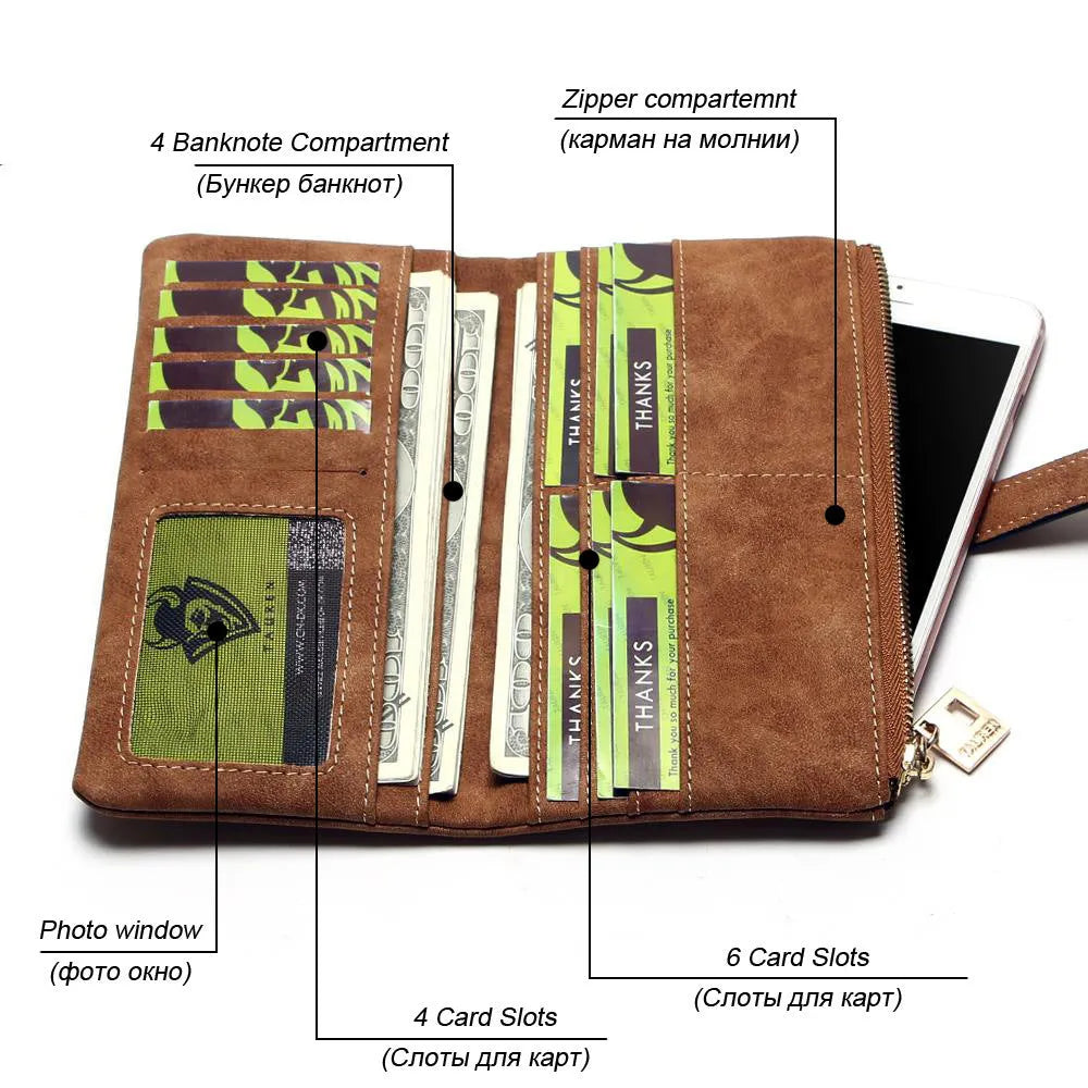 Long vertical matte PU leather wallet in army green with a zip, shown open to reveal card slots and internal pockets.