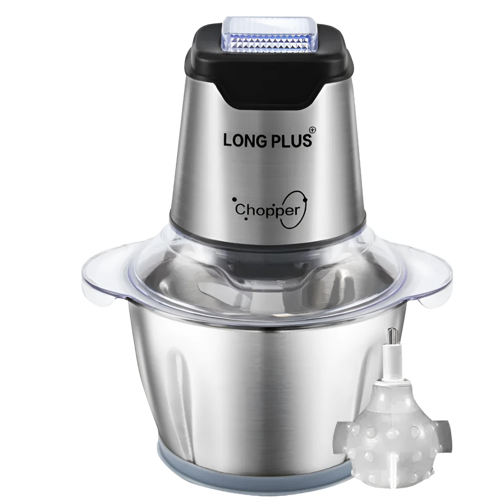 LONG PLUS 200W electric meat grinder with stainless steel blades on a kitchen counter