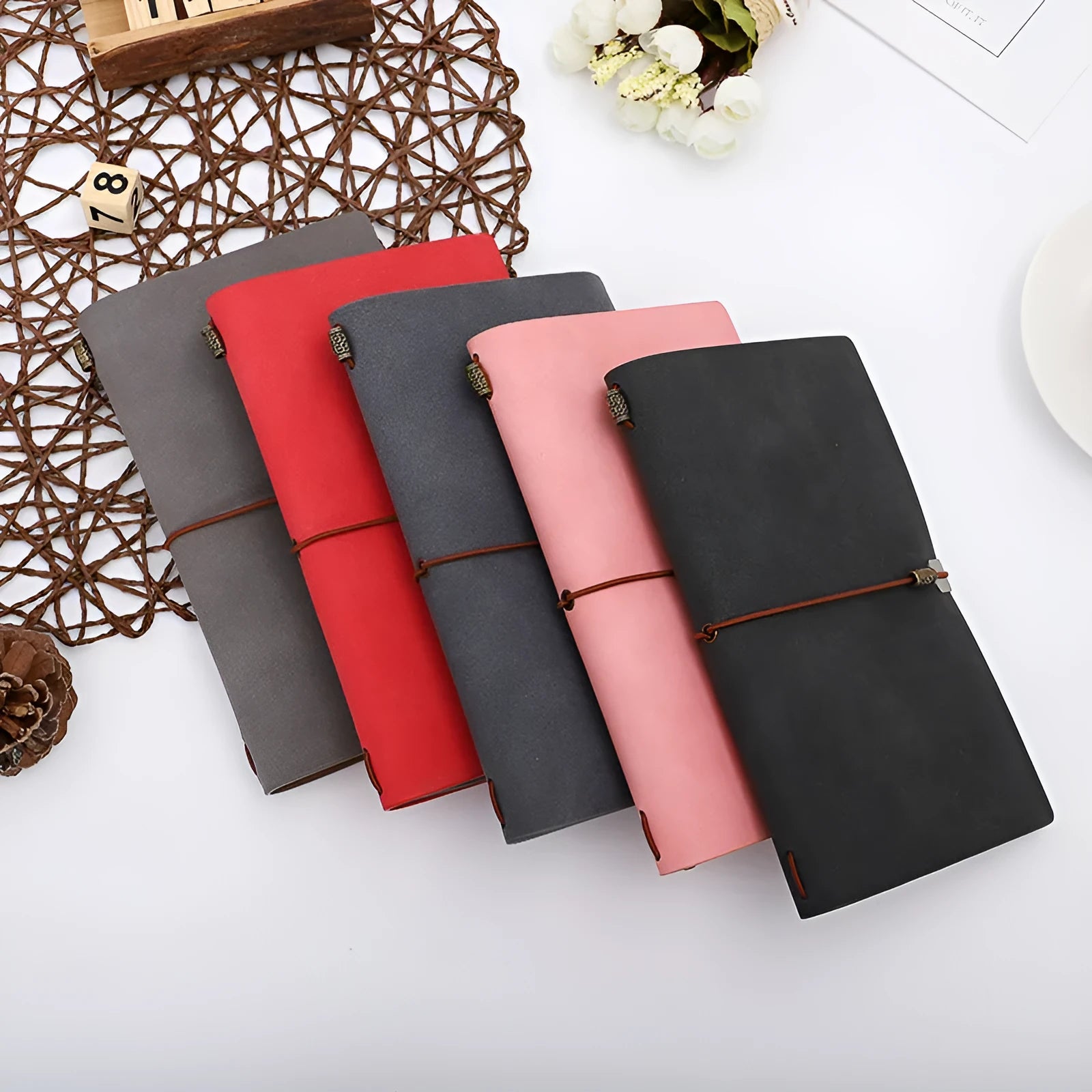 A6 notebook diary with imitation leather cover and cowhide rope binding in grey, pink or red colours