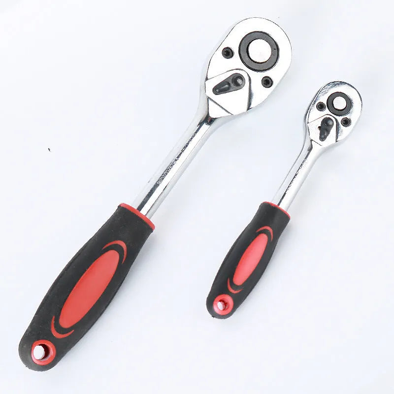 61-piece chrome vanadium steel auto repair socket and wrench set with ratchets displayed on a workbench.
