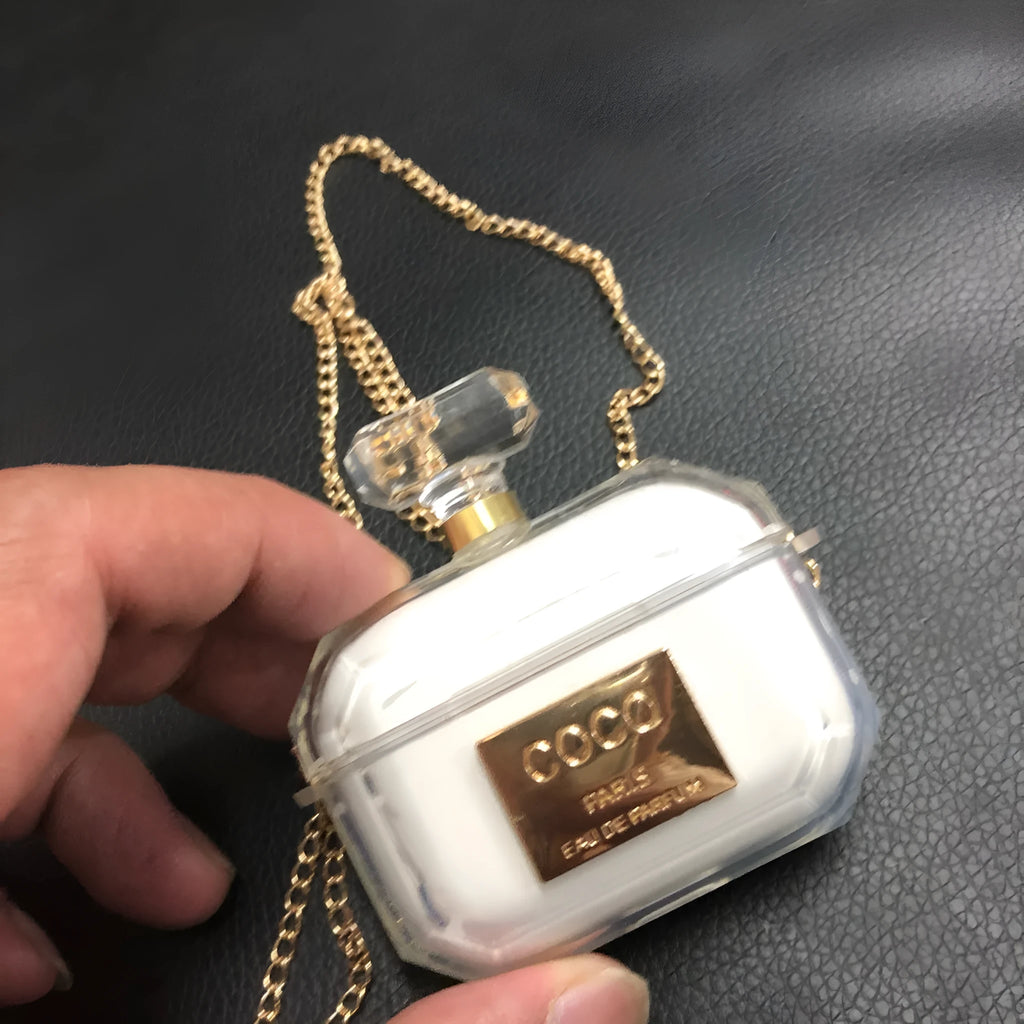 White silicone perfume bottle style case cover for AirPods Pro and AirPods 3 charging box.