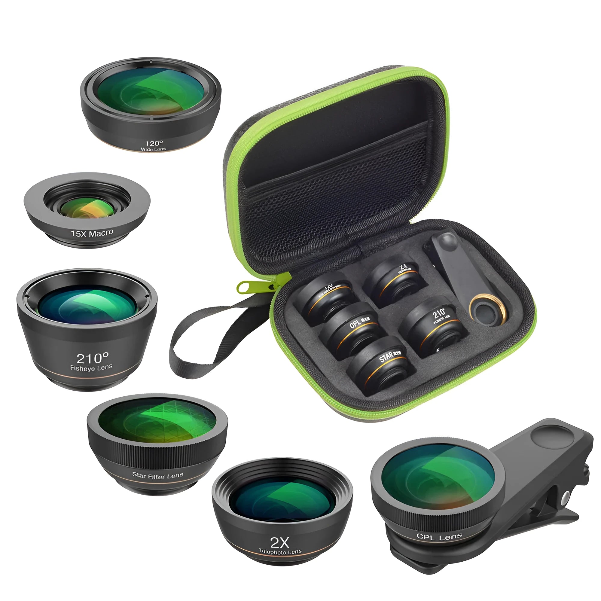 6-in-1 universal smartphone camera lens kit with aluminium housings and clip mount