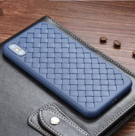 Luxury grid weaving iPhone case in eco-friendly TPU showing weaving pattern and precise port cutouts