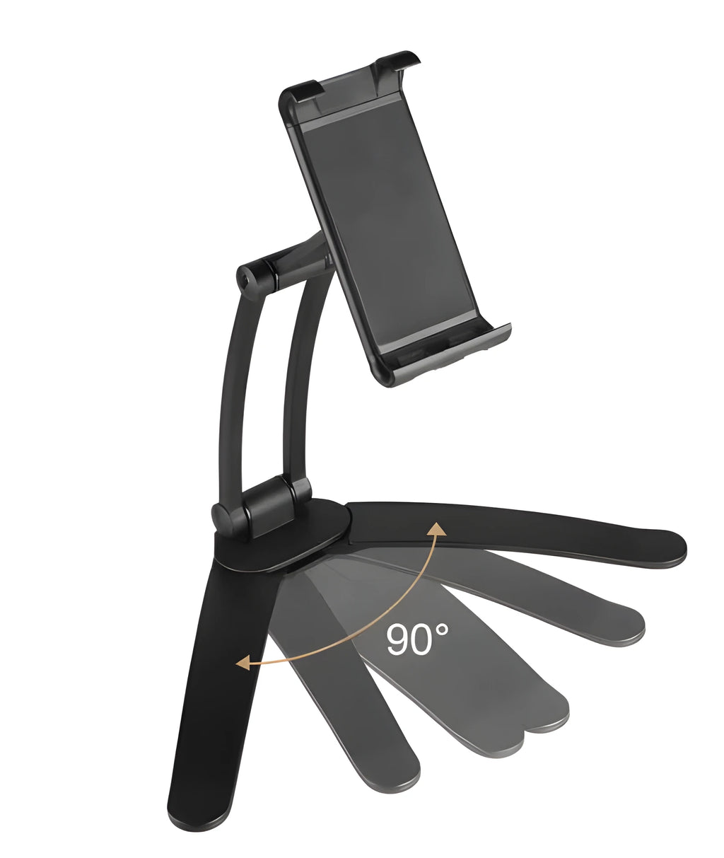 Silver and black aluminium alloy desktop tablet stand with adjustable arm and dual clamps.