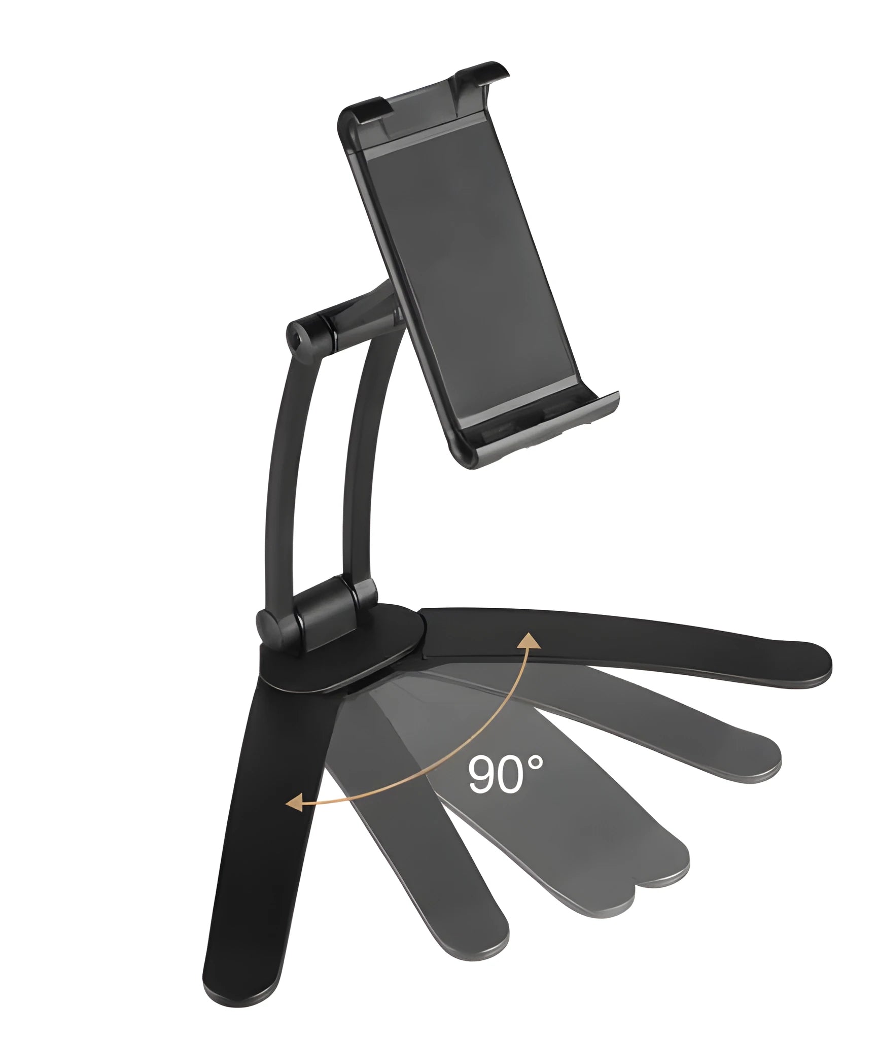 Silver and black aluminium alloy desktop tablet stand with adjustable arm and dual clamps.