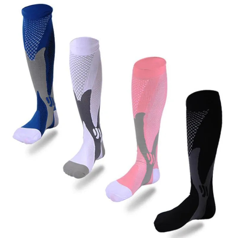 A pair of graduated compression socks for men and women in a sporty colour, shown flat to display its length and athletic fit