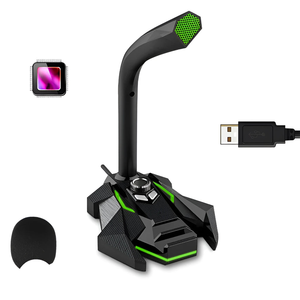 Green wired computer microphone with 1.5-metre cable and 3.5mm jack on a desk