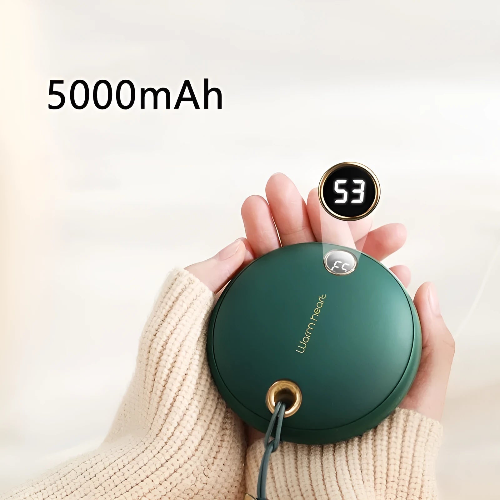 Green pink white power bank hand warmer 5000mAh with digital display screen and Type-C cable