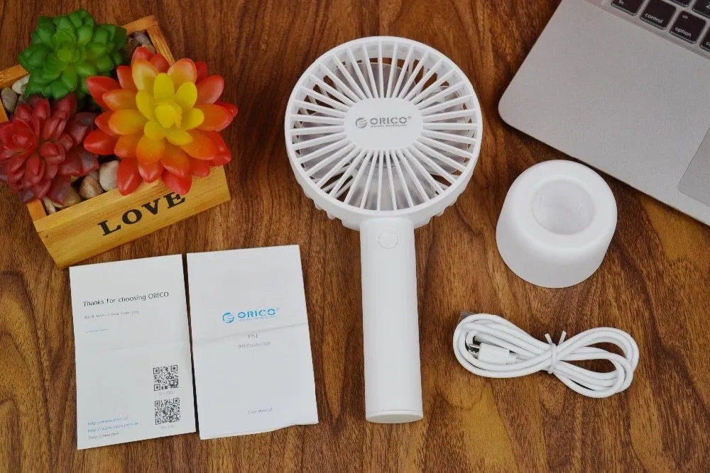 White USB rechargeable portable fan with three speed settings and 2000mAh battery