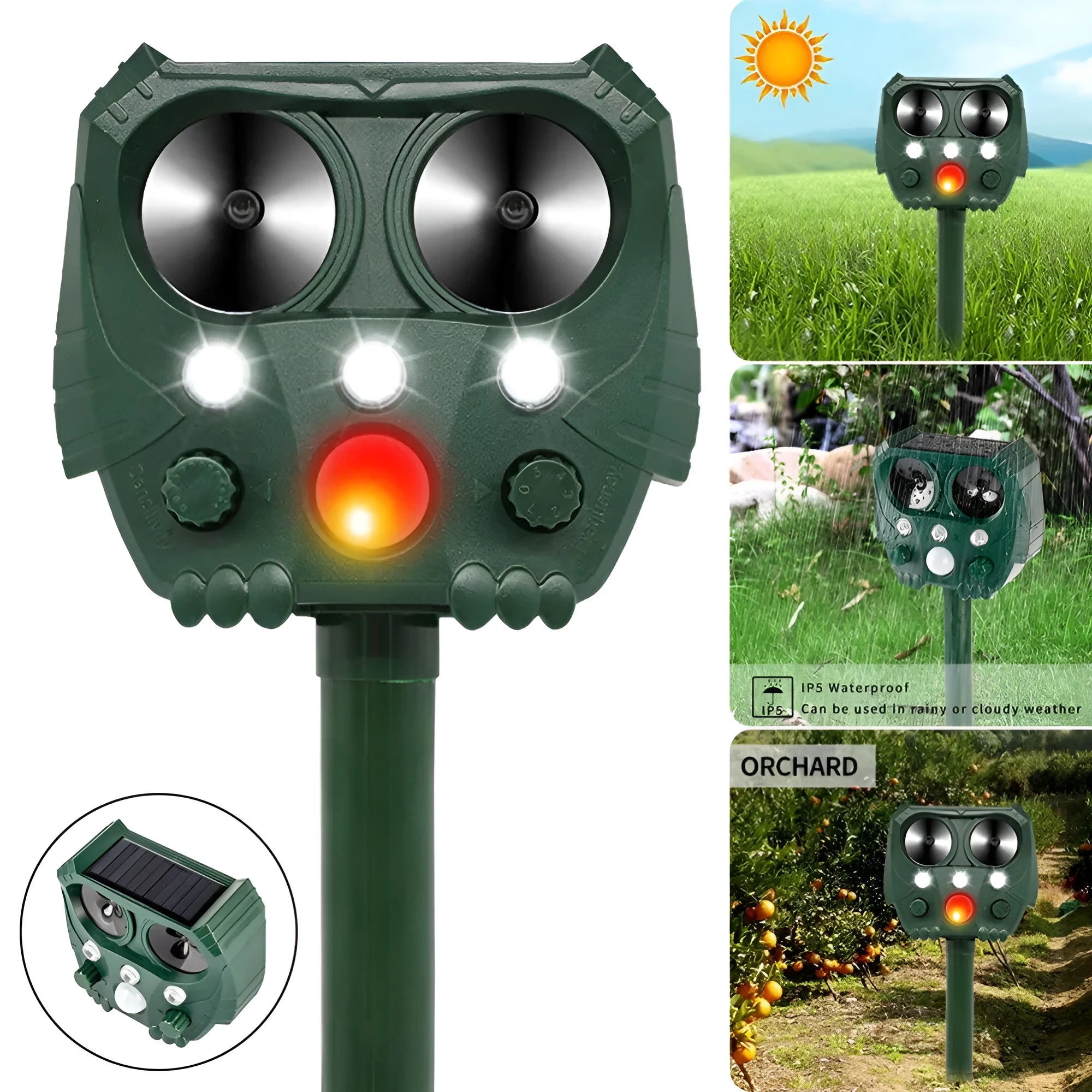 Green solar ultrasonic animal repeller with solar panel on top for outdoor pest control