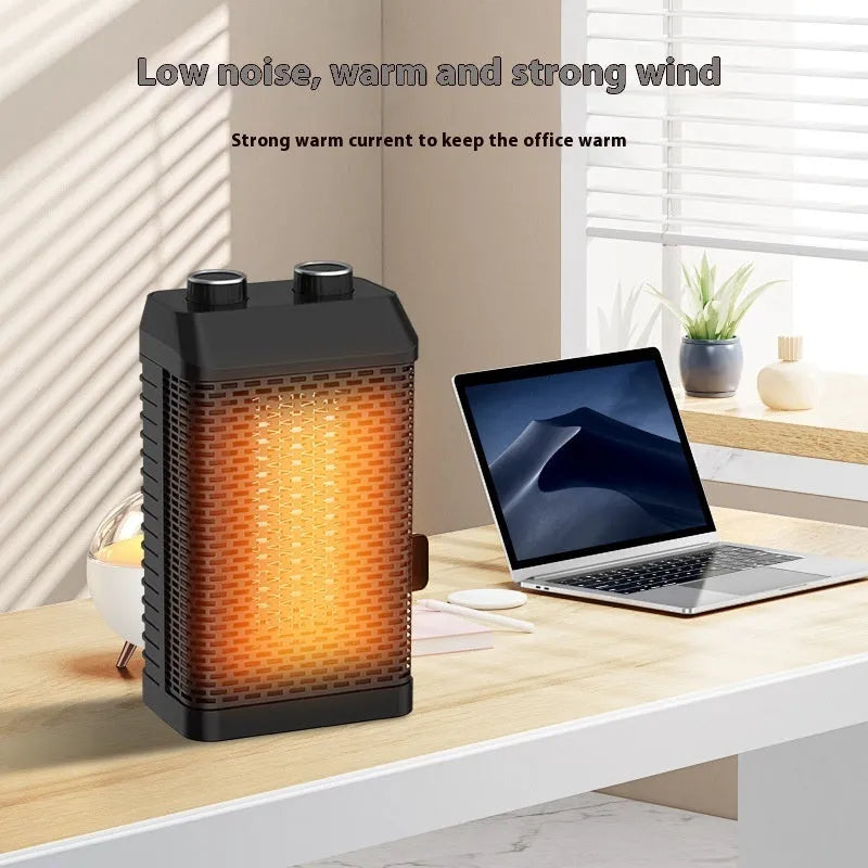 Black remote control smart desktop heater with compact dimensions on a desk.