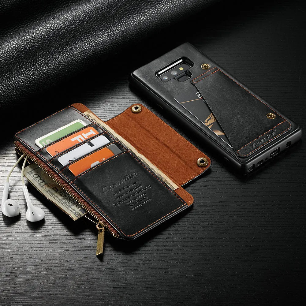 Black leather flip phone case for Samsung Galaxy Note9 showing front and back views