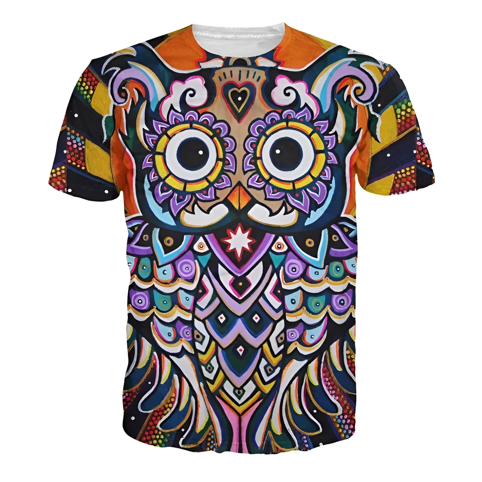 Men and women wearing a free-shipping 3D printed psychedelic animation owl O-neck T-shirt in summer style