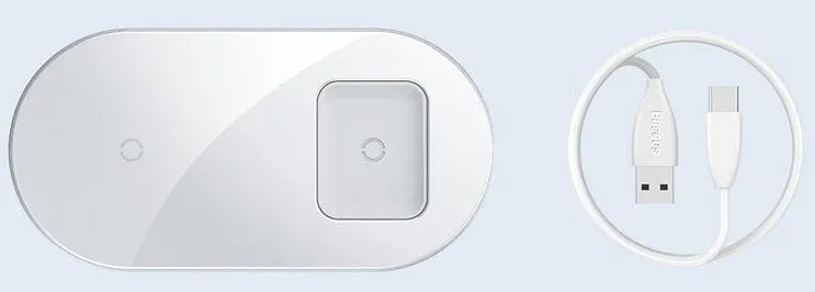 Two-in-one wireless charger, black aluminium and tempered glass, with charging light indicator, on a desk