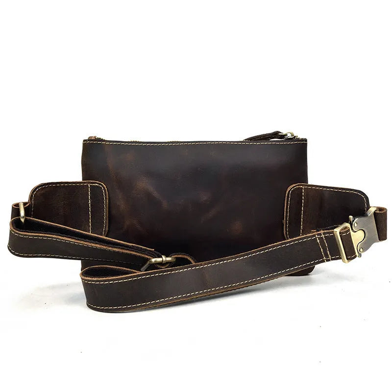 Men's first layer cowhide leather waist bag crossbody bag 24cm in dark brown with multiple zippered compartments