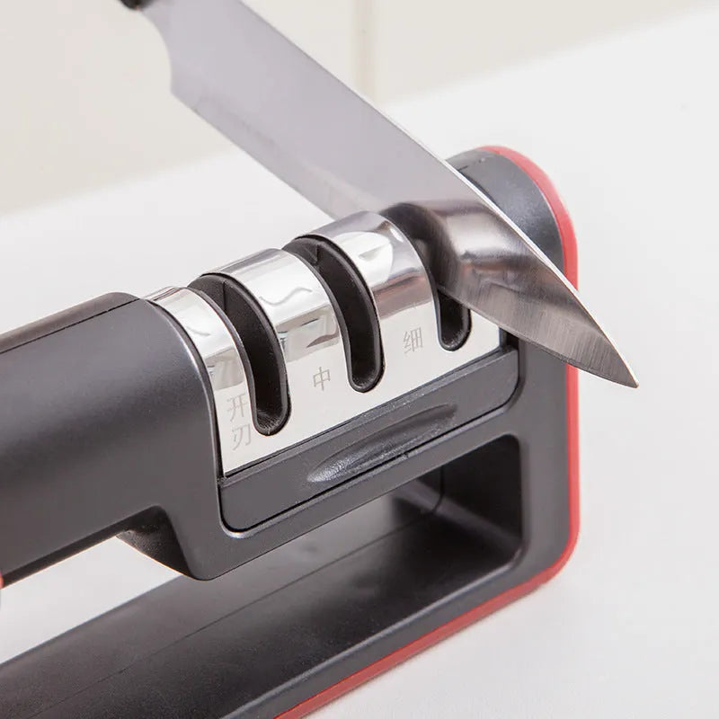 Black and red professional three-stage diamond knife sharpener with non-skid feet