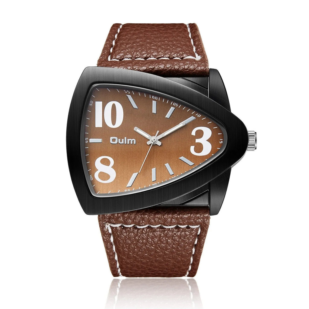 Men's casual quartz watch with triangular belt buckle in brown colour option showing 9mm slim profile