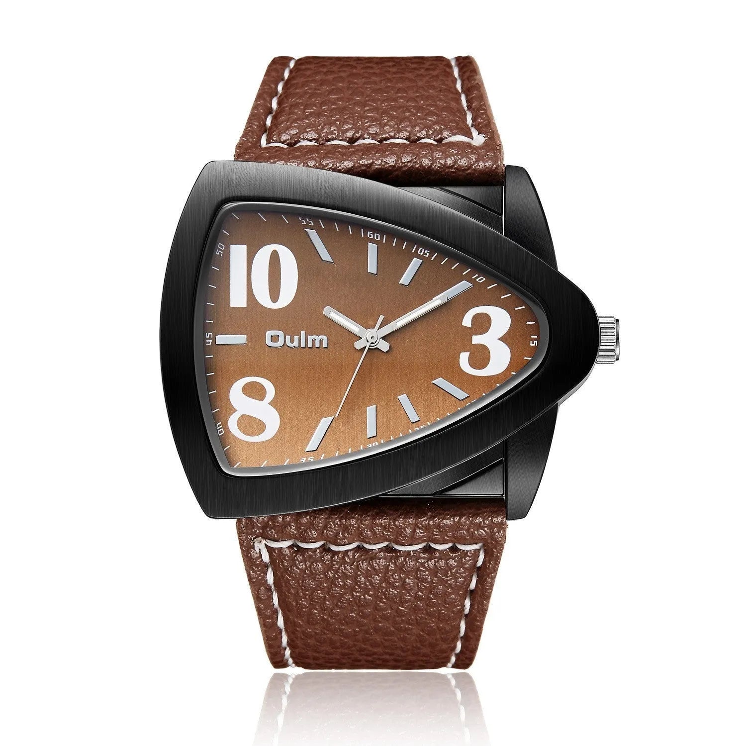 Men's casual quartz watch with triangular belt buckle in brown colour option showing 9mm slim profile