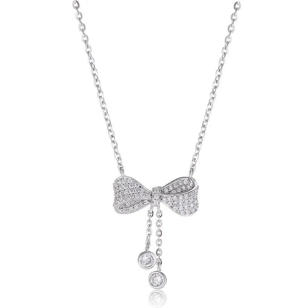 S925 sterling silver clavicle chain necklace with bow pendant on adjustable 40cm-45cm chain