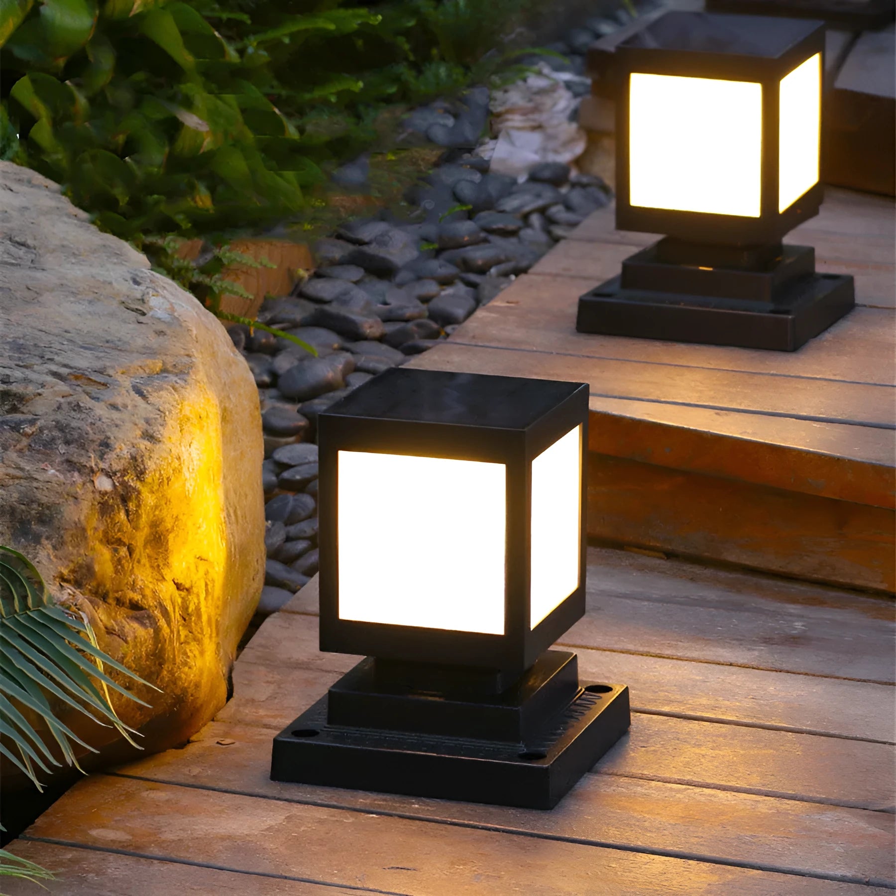 Solar-powered waterproof garden light in various styles for lawn or wall mounting.