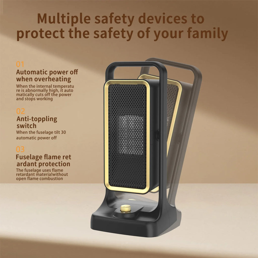 Black compact PTC ceramic desktop air heater with control knob on a wooden desk.