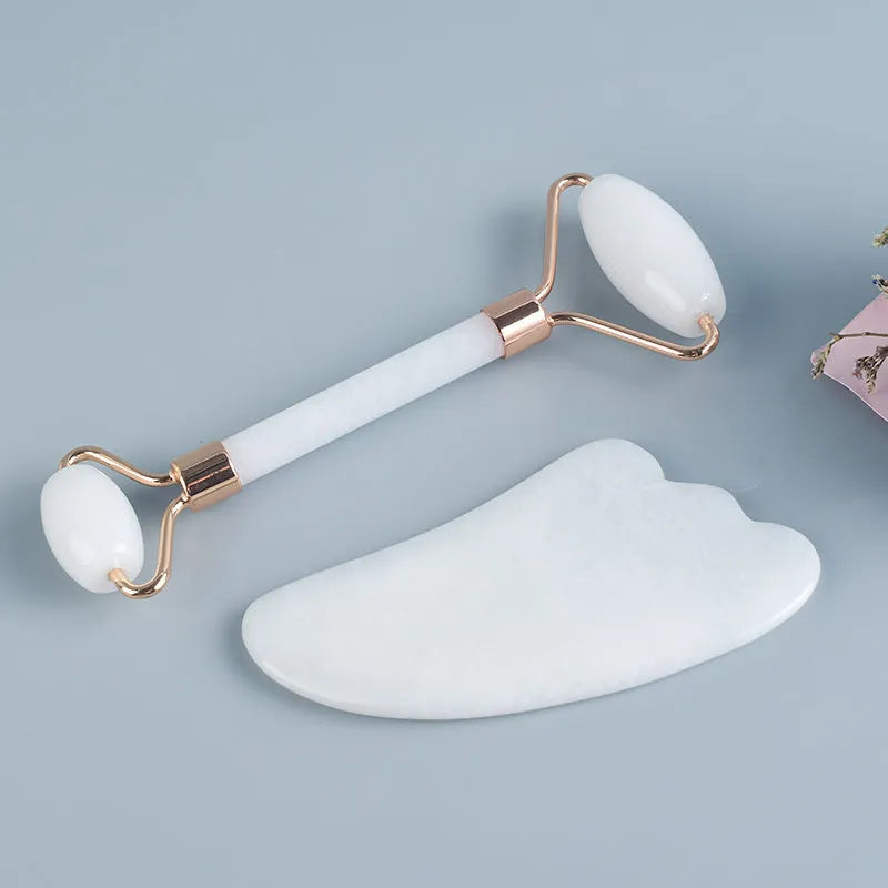 White jade roller and scrapping tool set with double-headed design and storage board