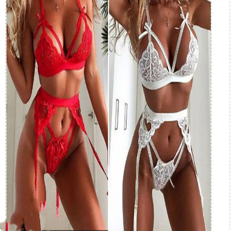 Red and white lace lingerie set made from polyester fabric in sizes small to extra-large