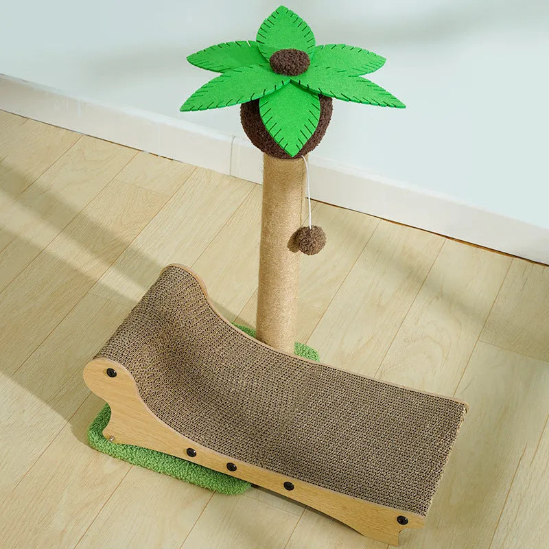 Wooden beach chair shaped cat climbing frame with integrated scratch mat and raised cat nest.