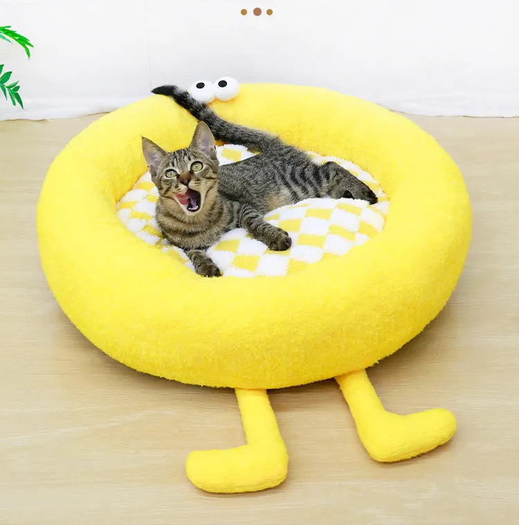 Long plush pet nest bed for small medium dogs in black, pink, or yellow with raised rim and three size options