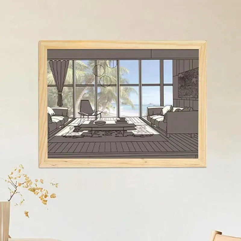 LED illuminated decorative picture with acrylic panel showing scenic artwork, USB cable connection