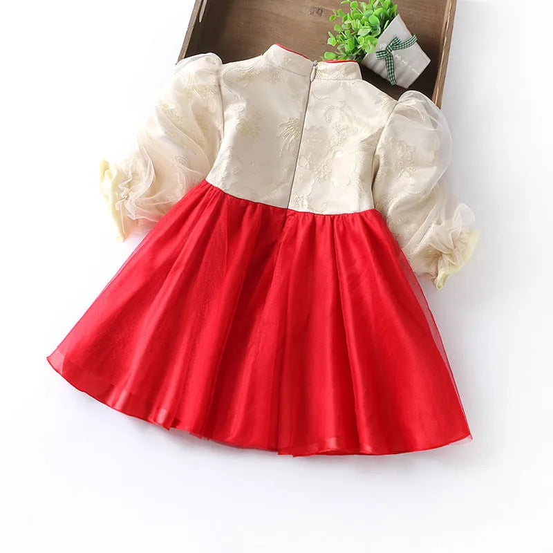 Girls' red flower print dress, chemical fibre blend, suitable height 73-95CM, spring autumn design