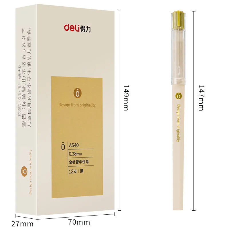 Box of 12 Deli A540 black gel pens with 0.38mm fine needle tube points