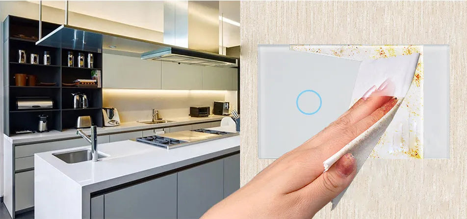 Tempered glass 2-gang touch light switch with RF remote control in black, white or gold finish
