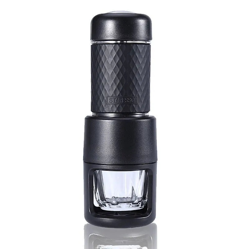 Portable manual espresso coffee machine in stainless steel with 7x7x20.3cm compact size