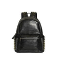 Black PU leather computer schoolbag with rivet detailing showing 36-55L capacity