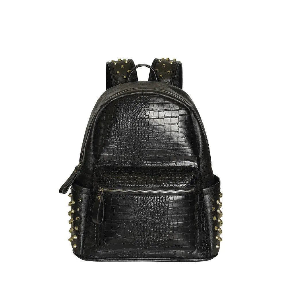 Black PU leather computer schoolbag with rivet detailing showing 36-55L capacity