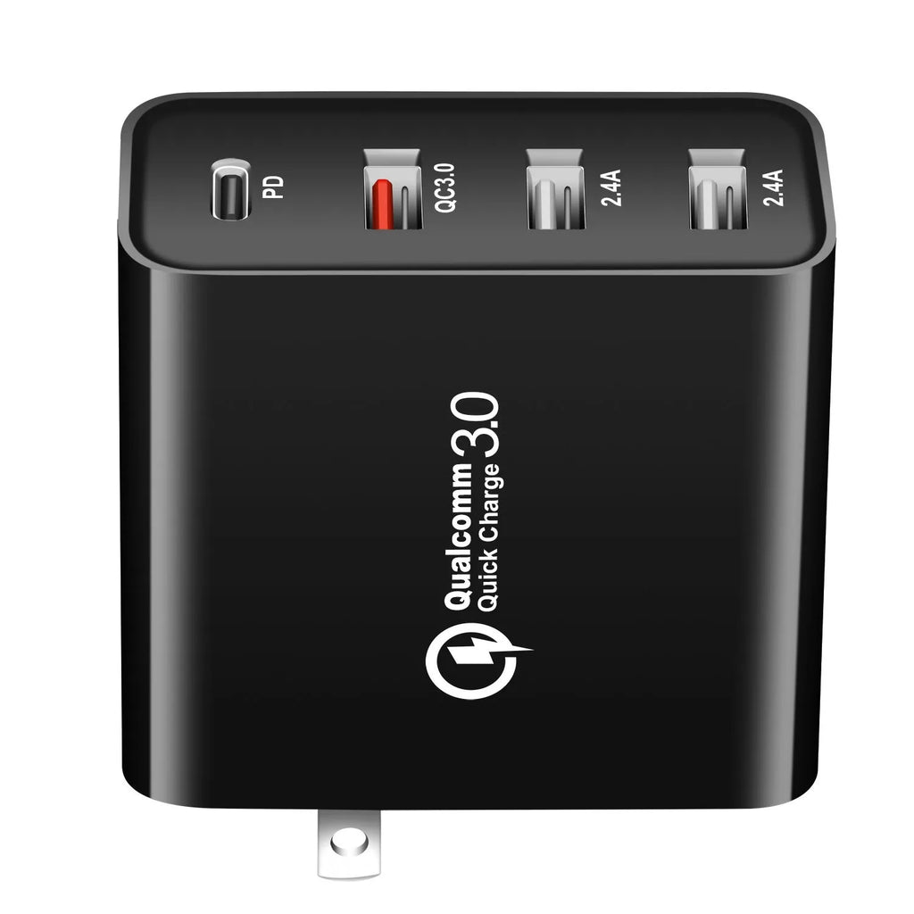 Black or white 48W PD charger with four USB Type-C ports and a power indication light.