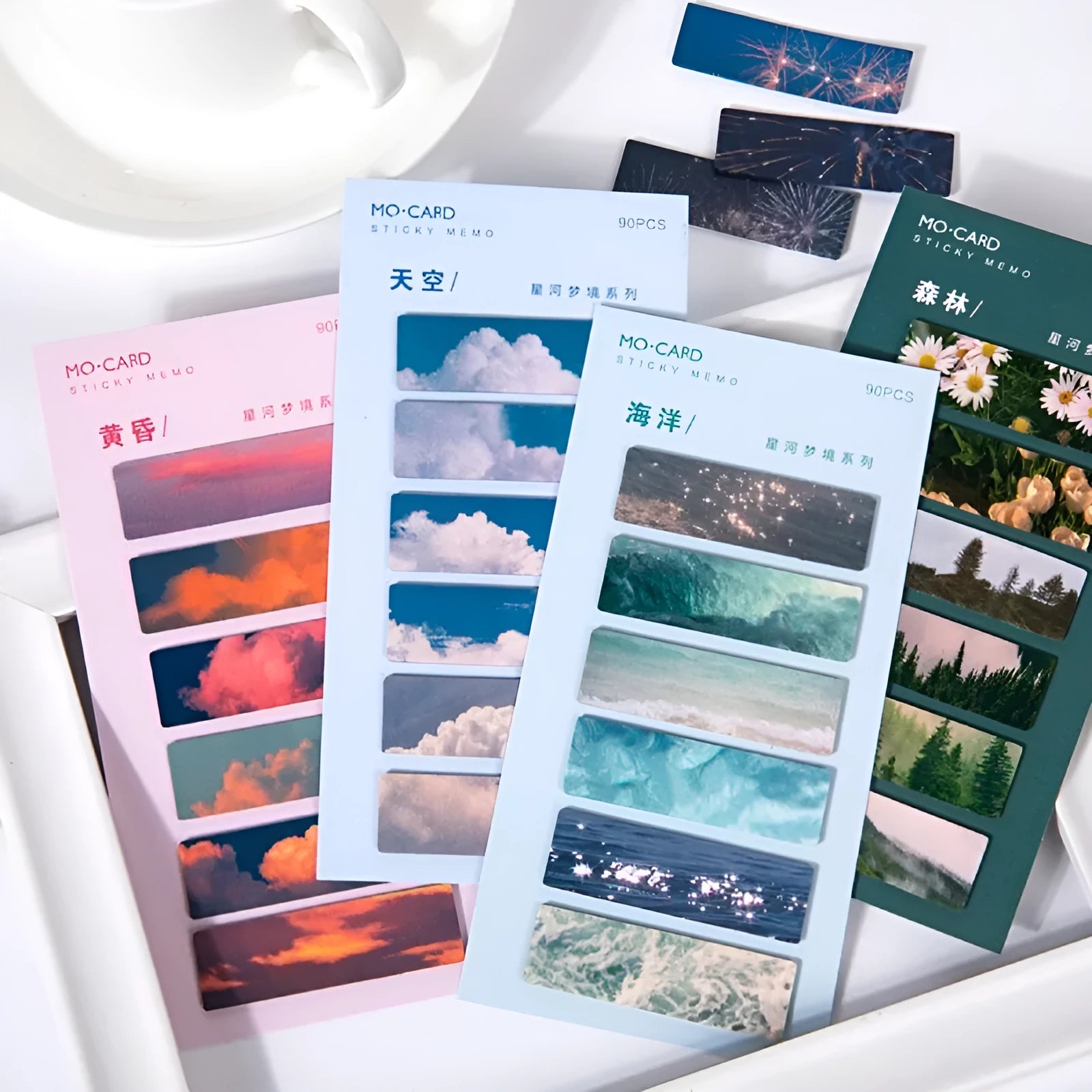Set of 90 star-themed reusable PET plastic index cards in dusk, forest, moon, ocean, petard, and sky colours