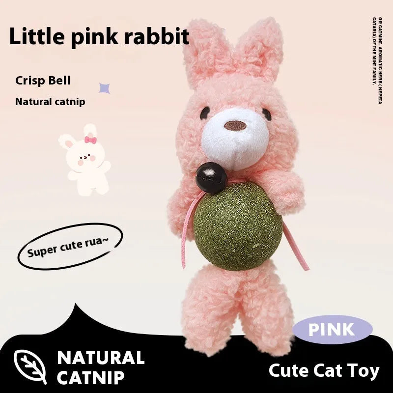 Soft plush cat toy in the shape of a bear, containing catnip and a bell, next to a measuring tape showing 15cm.