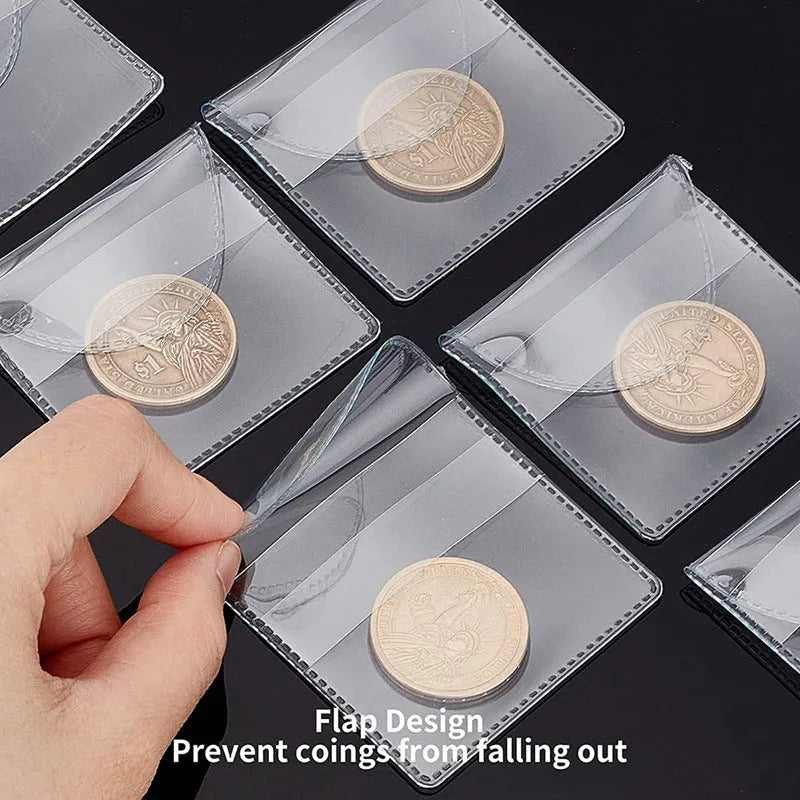Transparent PVC soft badge bag 0.2mm thick holding coins on a flat surface