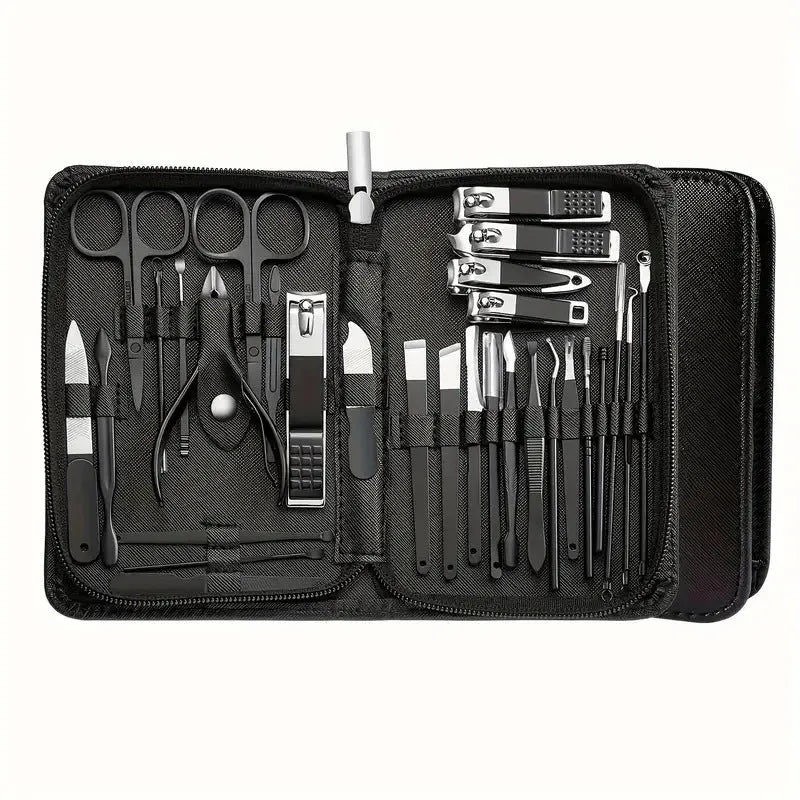 30-piece stainless steel manicure and pedicure tool set displayed in pink, blue, rose gold, black, and green colour options.