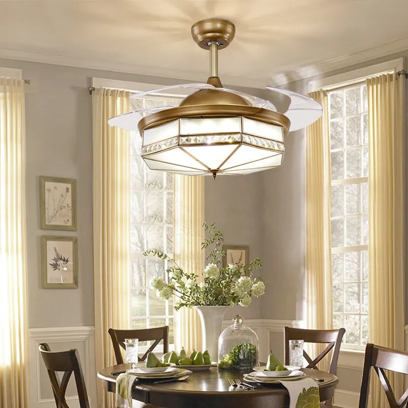 Gold 42-inch ceiling fan light with invisible blades and integrated LED lights