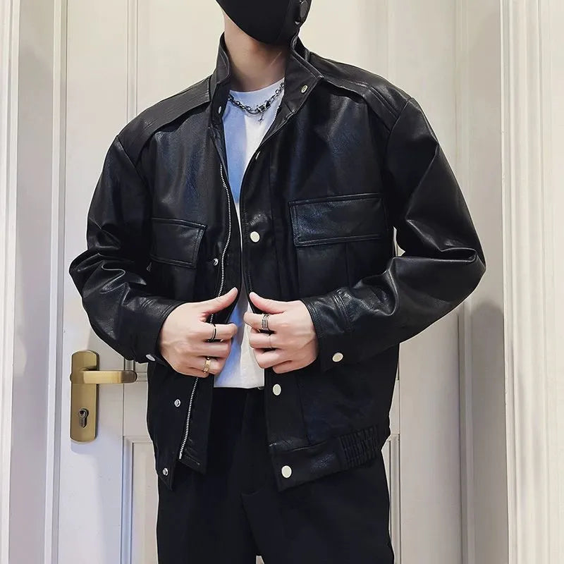 Men's Korean style black PU leather jacket with straight hem and side pockets
