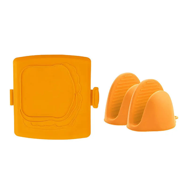 Red silicone baking tray with matching hand clamp set for anti-scald kitchen protection