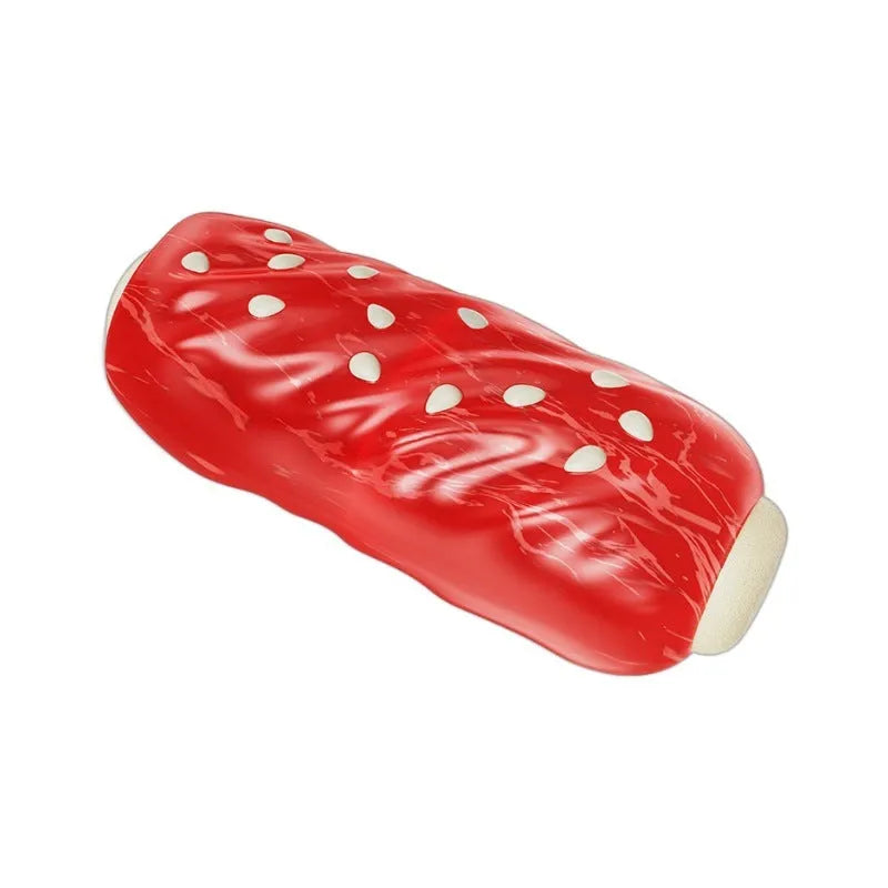 Primary colour plastic molar rod dog chew toy with treat holes.