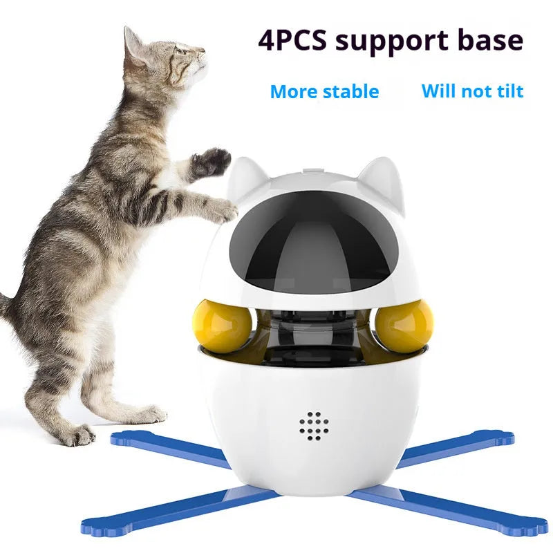 White automatic electronic cat toy with a moving wand, elastic rope, and dangling feathers on a floor.