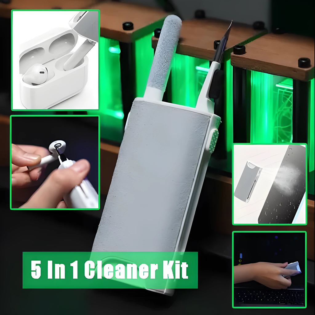 5-in-1 digital cleaning pen with flocking sponge, brush, and metal tip for phones and earphones.